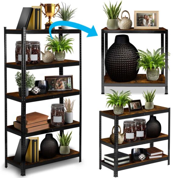 Műhelypolc, Humberg HR-852, fekete, faerezetű polcok, 180 × 90 × 40 cm, 5 polcos, acél, MDF polclapok, állítható polcmagasság, teherbírás: 175 kg/polc