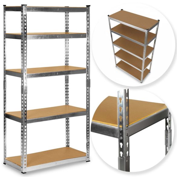 Műhelypolc, Humberg HR-853, ezüst, 183 x 90 x 40 cm, 5 polcos, acél, MDF polclapok, állítható polcmagasság, teherbírás: 265 kg/polc