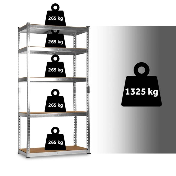 Műhelypolc, Humberg HR-853, ezüst, 183 x 90 x 40 cm, 5 polcos, acél, MDF polclapok, állítható polcmagasság, teherbírás: 265 kg/polc