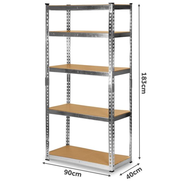 Műhelypolc, Humberg HR-853, ezüst, 183 x 90 x 40 cm, 5 polcos, acél, MDF polclapok, állítható polcmagasság, teherbírás: 265 kg/polc