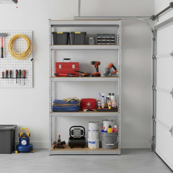 Műhelypolc, Humberg HR-853, ezüst, 183 x 90 x 40 cm, 5 polcos, acél, MDF polclapok, állítható polcmagasság, teherbírás: 265 kg/polc