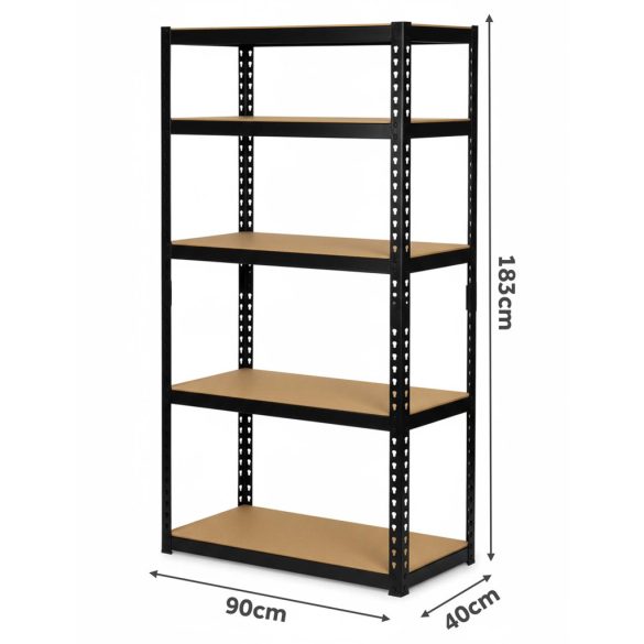 Műhelypolc, Humberg HR-854, fekete, 183 x 90 x 40 cm, 5 polcos, acél, MDF polclapok, állítható polcmagasság, teherbírás: 265 kg/polc
