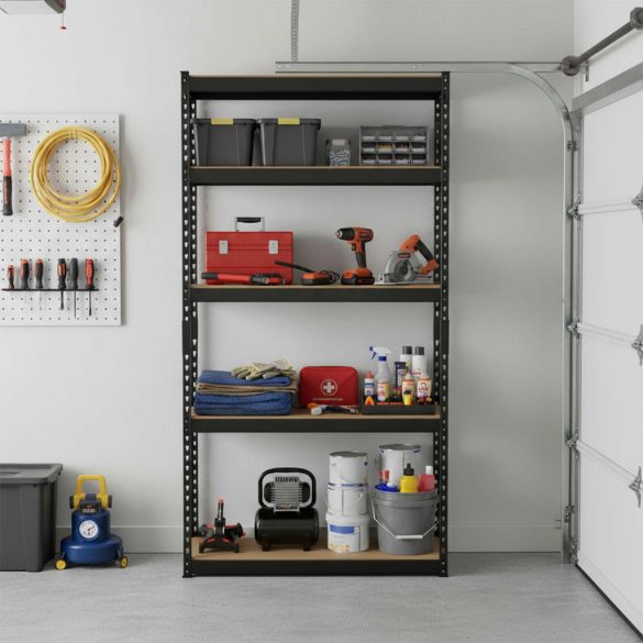 Műhelypolc, Humberg HR-854, fekete, 183 x 90 x 40 cm, 5 polcos, acél, MDF polclapok, állítható polcmagasság, teherbírás: 265 kg/polc