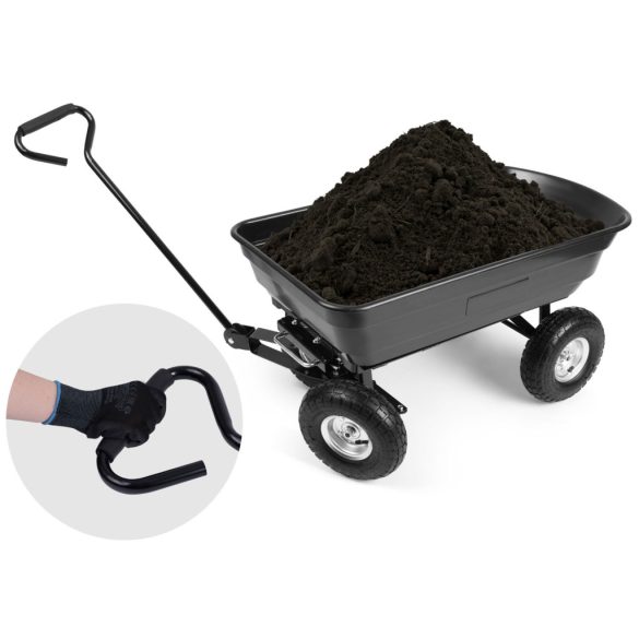 Négykerekű kocsi, Humberg 4871, fekete, 75 l, 300 kg teherbírás, billenős, acél váz, műanyag teknő, kormányozható tengely, felfújható kerekek, ezüst felni