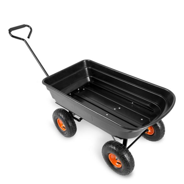 Négykerekű kocsi, Humberg 4872, fekete, 75 l, 300 kg teherbírás, billenős, acél váz, műanyag teknő, kormányozható tengely, felfújható kerekek, narancssárga felni