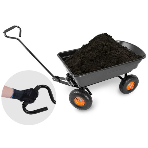 Négykerekű kocsi, Humberg 4872, fekete, 75 l, 300 kg teherbírás, billenős, acél váz, műanyag teknő, kormányozható tengely, felfújható kerekek, narancssárga felni