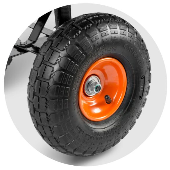 Négykerekű kocsi, Humberg 4872, fekete, 75 l, 300 kg teherbírás, billenős, acél váz, műanyag teknő, kormányozható tengely, felfújható kerekek, narancssárga felni