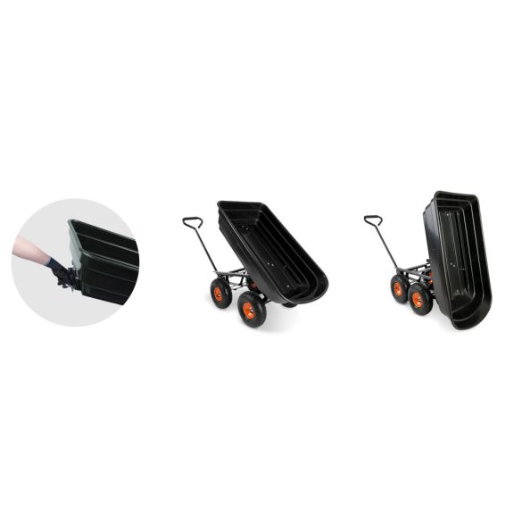 Négykerekű kocsi, Humberg 4872, fekete, 75 l, 300 kg teherbírás, billenős, acél váz, műanyag teknő, kormányozható tengely, felfújható kerekek, narancssárga felni