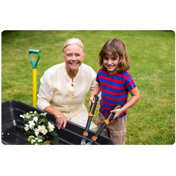 Négykerekű kocsi, Humberg 4872, fekete, 75 l, 300 kg teherbírás, billenős, acél váz, műanyag teknő, kormányozható tengely, felfújható kerekek, narancssárga felni