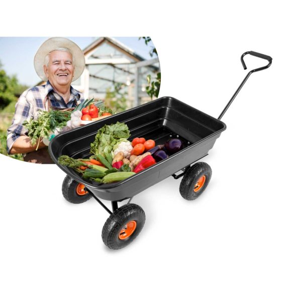 Négykerekű kocsi, Humberg 4872, fekete, 75 l, 300 kg teherbírás, billenős, acél váz, műanyag teknő, kormányozható tengely, felfújható kerekek, narancssárga felni