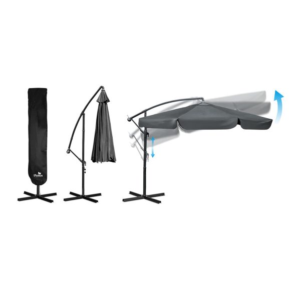 Kerti napernyő, Plonos PL-880, antracit, átmérő: 350 cm, magasság: 250 cm, összecsukható, 6 szegmens, acél váz, vízlepergető PE ponyva, 180 g/m2