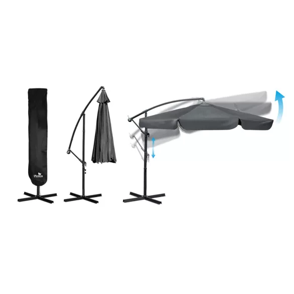 Kerti napernyő, Plonos PL-880, antracit, átmérő: 350 cm, magasság: 250 cm, összecsukható, 6 szegmens, acél váz, vízlepergető PE ponyva, 180 g/m2