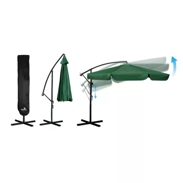 Kerti napernyő, Plonos PL-880, sötétzöld, átmérő: 350 cm, magasság: 250 cm, összecsukható, 6 szegmens, acél váz, vízlepergető PE ponyva, 180 g/m2