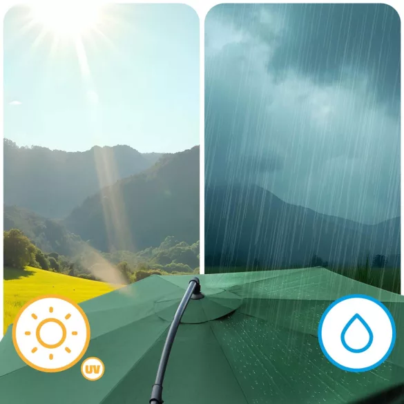 Kerti napernyő, Plonos PL-880, sötétzöld, átmérő: 350 cm, magasság: 250 cm, összecsukható, 6 szegmens, acél váz, vízlepergető PE ponyva, 180 g/m2