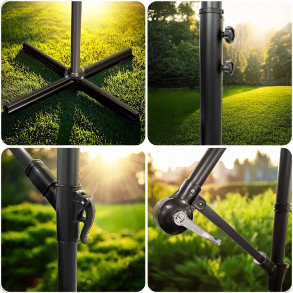 Kerti napernyő, Plonos PL-880, sötétzöld, átmérő: 350 cm, magasság: 250 cm, összecsukható, 6 szegmens, acél váz, vízlepergető PE ponyva, 180 g/m2