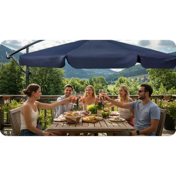 Kerti napernyő, Plonos PL-880, kék, átmérő: 350 cm, magasság: 250 cm, összecsukható, 6 szegmens, acél váz, vízlepergető PE ponyva, 180 g/m2