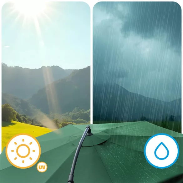 Kerti napernyő, Plonos PL-881, sötétzöld, átmérő: 350 cm, magasság: 250 cm, összecsukható, 8 szegmens, acél váz, vízlepergető PE ponyva, 180 g/m2