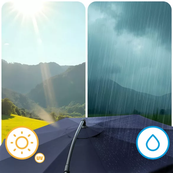 Kerti napernyő, Plonos PL-881, kék, átmérő: 350 cm, magasság: 250 cm, összecsukható, 8 szegmens, acél váz, vízlepergető PE ponyva, 180 g/m2