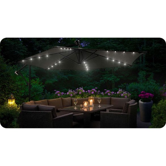 Kerti napernyő, Plonos PL-882, szürke, átmérő: 350 cm, magasság: 250 cm, összecsukható, 6 szegmens, acél váz, vízálló PE ponyva, 180 g/m2, világítás