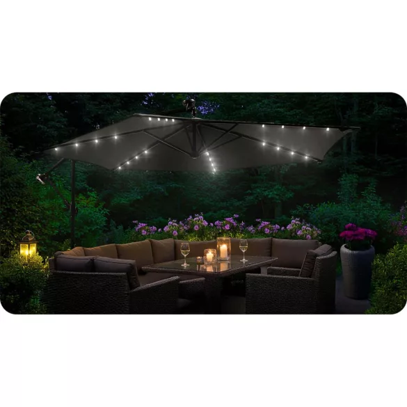 Kerti napernyő, Plonos PL-882, szürke, átmérő: 350 cm, magasság: 250 cm, összecsukható, 6 szegmens, acél váz, vízálló PE ponyva, 180 g/m2, világítás