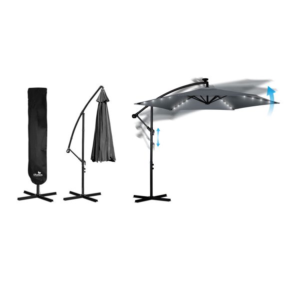 Kerti napernyő, Plonos PL-882, szürke, átmérő: 350 cm, magasság: 250 cm, összecsukható, 6 szegmens, acél váz, vízálló PE ponyva, 180 g/m2, világítás