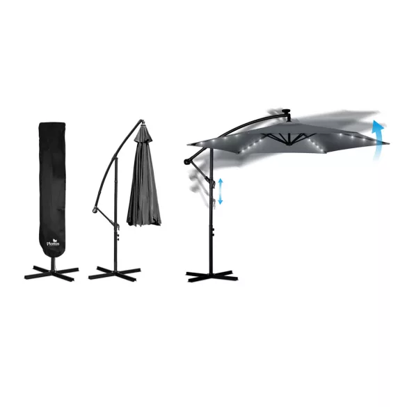 Kerti napernyő, Plonos PL-882, szürke, átmérő: 350 cm, magasság: 250 cm, összecsukható, 6 szegmens, acél váz, vízálló PE ponyva, 180 g/m2, világítás