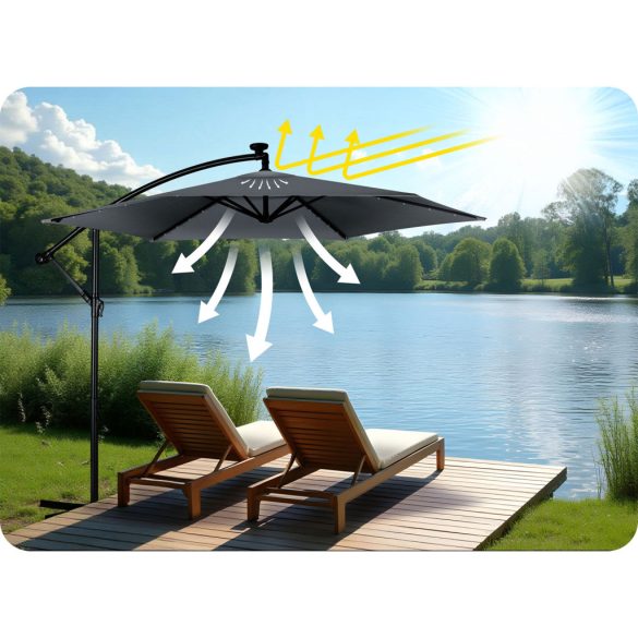 Kerti napernyő, Plonos PL-882, szürke, átmérő: 350 cm, magasság: 250 cm, összecsukható, 6 szegmens, acél váz, vízálló PE ponyva, 180 g/m2, világítás