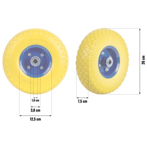 Talicskakerék, Humberg, sárga, 3.00-4 méret, 26 cm átmérő, 7,5 cm szélesség, 1,6 cm tengelyfurat, poliuretán hab, golyóscsapágyas