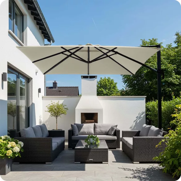 Kerti napernyő, Plonos PL-883, krémszínű, átmérő: 420 cm, magasság: 250 cm, összecsukható, 8 szegmens, acél váz, vízálló PE ponyva, 210 g/m2