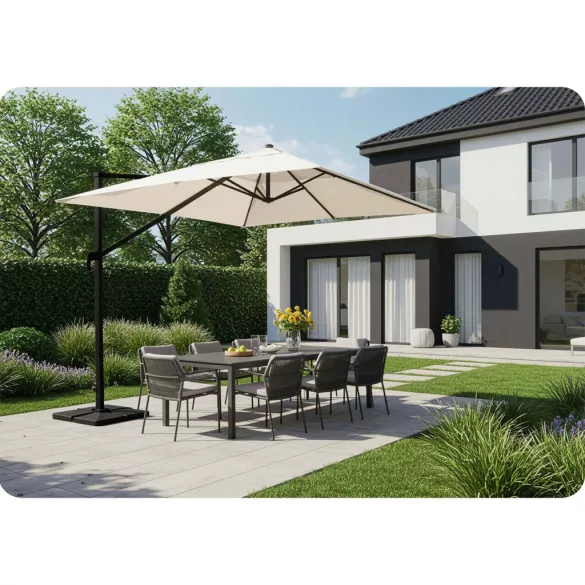 Kerti napernyő, Plonos PL-883, krémszínű, átmérő: 420 cm, magasság: 250 cm, összecsukható, 8 szegmens, acél váz, vízálló PE ponyva, 210 g/m2