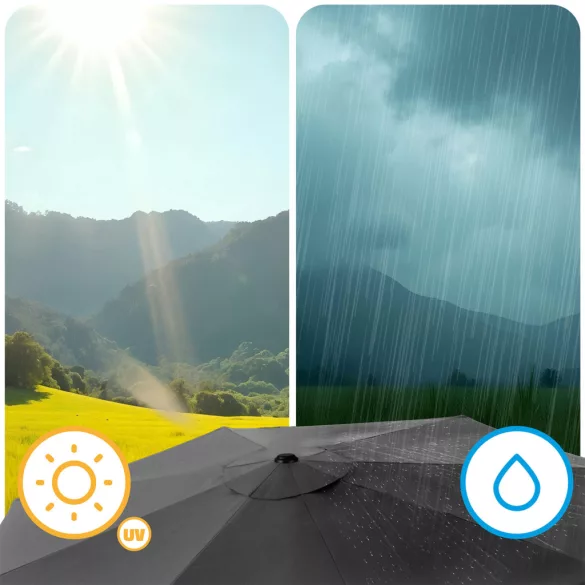 Kerti napernyő, Plonos PL-884, szürke, átmérő: 300 cm, magasság: 240 cm, összecsukható, 6 szegmens, acél váz, vízálló PE ponyva, 160 g/m2