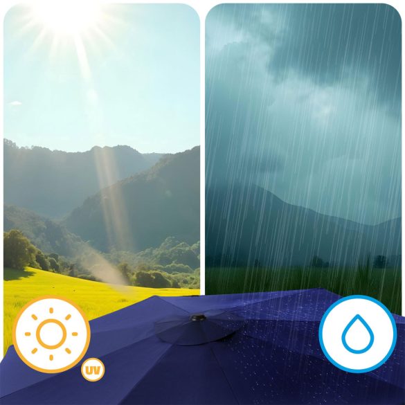 Kerti napernyő, Plonos PL-884, kék, átmérő: 300 cm, magasság: 240 cm, összecsukható, 6 szegmens, acél váz, vízálló PE ponyva, 160 g/m2