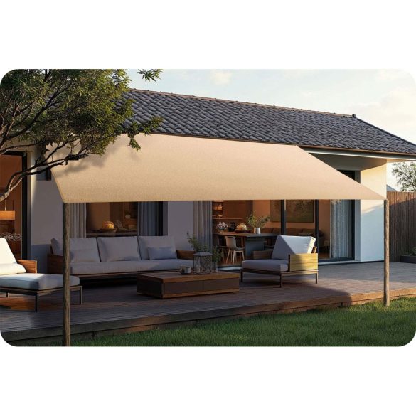 Napvitorla, Plonos PL-885, bézs, 400 x 300 cm, téglalap alakú, UV-álló, vízlepergető, polietilén 180 g/m2, 4 rögzítőkötéllel