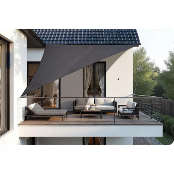 Napvitorla, Plonos PL-886, szürke, 400 x 400 x 400 cm, háromszög alakú, vízálló, UV-álló, polietilén , 180 g/m2, 3 db rögzítőkötéllel