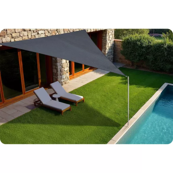 Napvitorla, Plonos PL-886, szürke, 400 x 400 x 400 cm, háromszög alakú, vízálló, UV-álló, polietilén , 180 g/m2, 3 db rögzítőkötéllel