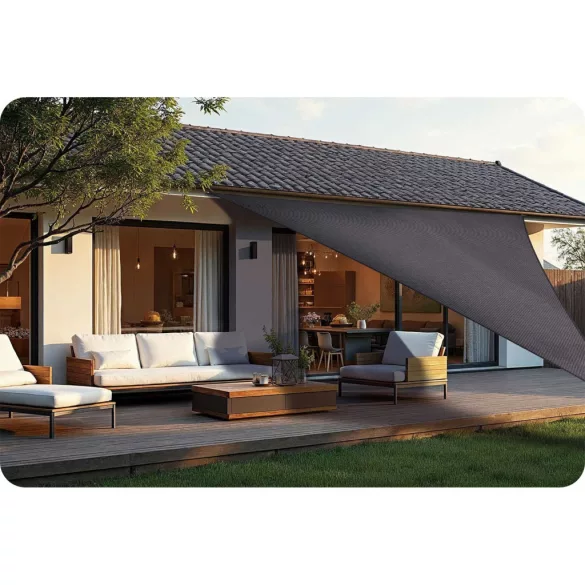 Napvitorla, Plonos PL-886, szürke, 400 x 400 x 400 cm, háromszög alakú, vízálló, UV-álló, polietilén , 180 g/m2, 3 db rögzítőkötéllel