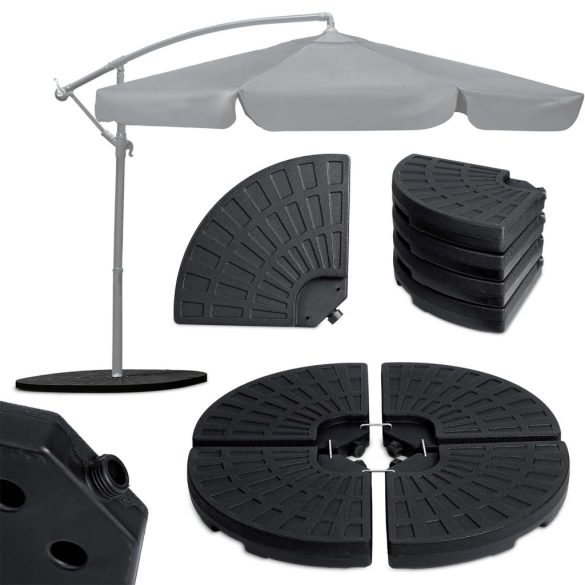 Napernyőtalp, Plonos, fekete, 100 x 100 x 7,5 cm, kerek, HDPE műanyag, vízzel vagy homokkal tölthető, 4 részes, 4 db fém kampóval, 66 kg/ 52 l