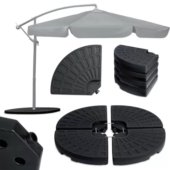 Napernyőtalp, Plonos, fekete, 100 x 100 x 7,5 cm, kerek, HDPE műanyag, vízzel vagy homokkal tölthető, 4 részes, 4 db fém kampóval, 66 kg/ 52 l