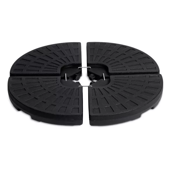 Napernyőtalp, Plonos, fekete, 100 x 100 x 7,5 cm, kerek, HDPE műanyag, vízzel vagy homokkal tölthető, 4 részes, 4 db fém kampóval, 66 kg/ 52 l