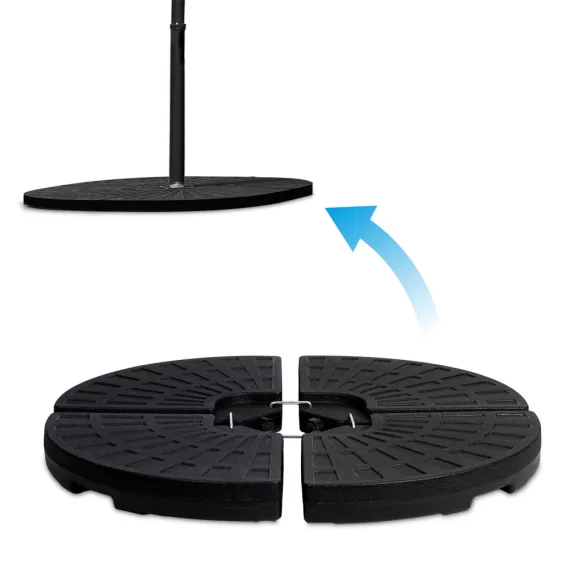 Napernyőtalp, Plonos, fekete, 100 x 100 x 7,5 cm, kerek, HDPE műanyag, vízzel vagy homokkal tölthető, 4 részes, 4 db fém kampóval, 66 kg/ 52 l