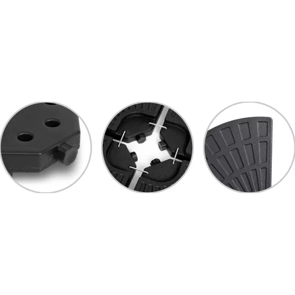 Napernyőtalp, Plonos, fekete, 100 x 100 x 7,5 cm, kerek, HDPE műanyag, vízzel vagy homokkal tölthető, 4 részes, 4 db fém kampóval, 66 kg/ 52 l