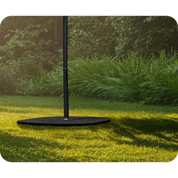 Napernyőtalp, Plonos, fekete, 100 x 100 x 7,5 cm, kerek, HDPE műanyag, vízzel vagy homokkal tölthető, 4 részes, 4 db fém kampóval, 66 kg/ 52 l