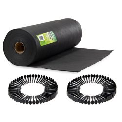   Talajtakaró geotextília, Plonos, 1,6 x 100 m, fekete, nem szőtt, 50 g/m2, tekercs, 100 db rögzítő tüskével, 3% UV-védelem