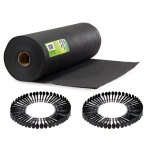 Talajtakaró geotextília, Plonos, 1,6 x 100 m, fekete, nem szőtt, 50 g/m2, tekercs, 100 db rögzítő tüskével, 3% UV-védelem