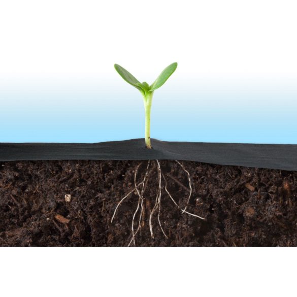 Talajtakaró geotextília, Plonos, 1,6 x 100 m, fekete, nem szőtt, 50 g/m2, tekercs, 100 db rögzítő tüskével, 3% UV-védelem