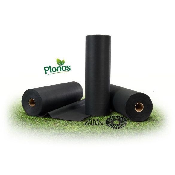 Talajtakaró geotextília, Plonos, 1 x 75 m, fekete, nem szőtt, 150 g/m2, tekercs, 50 db rögzítő tüskével, 3% UV-védelem