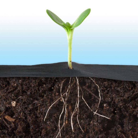 Talajtakaró geotextília, Plonos, 1 x 50 m, fekete, nem szőtt, 150 g/m2, tekercs, 50 db rögzítő tüskével, 3% UV-védelem