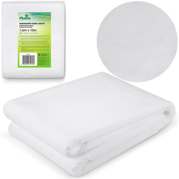 Talajtakaró agrotextília, Plonos, 1,6 x 1 m, fehér, nem szőtt, 50 g/m2, szélálló, fagyálló, UV-védelem