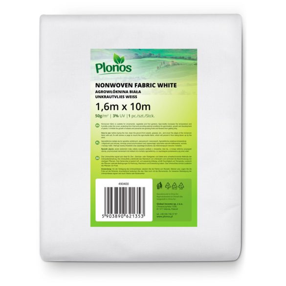 Talajtakaró agrotextília, Plonos, 1,6 x 1 m, fehér, nem szőtt, 50 g/m2, szélálló, fagyálló, UV-védelem