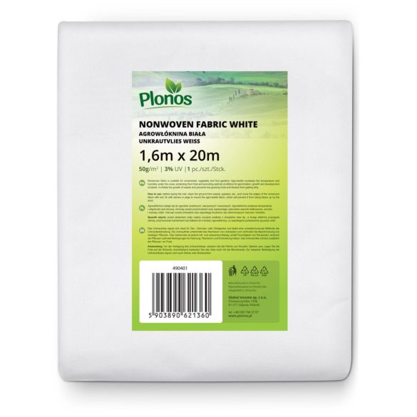 Talajtakaró agrotextília, Plonos, 1,6 x 2 m, fehér, nem szőtt, 50 g/m2, szélálló, fagyálló, UV-védelem